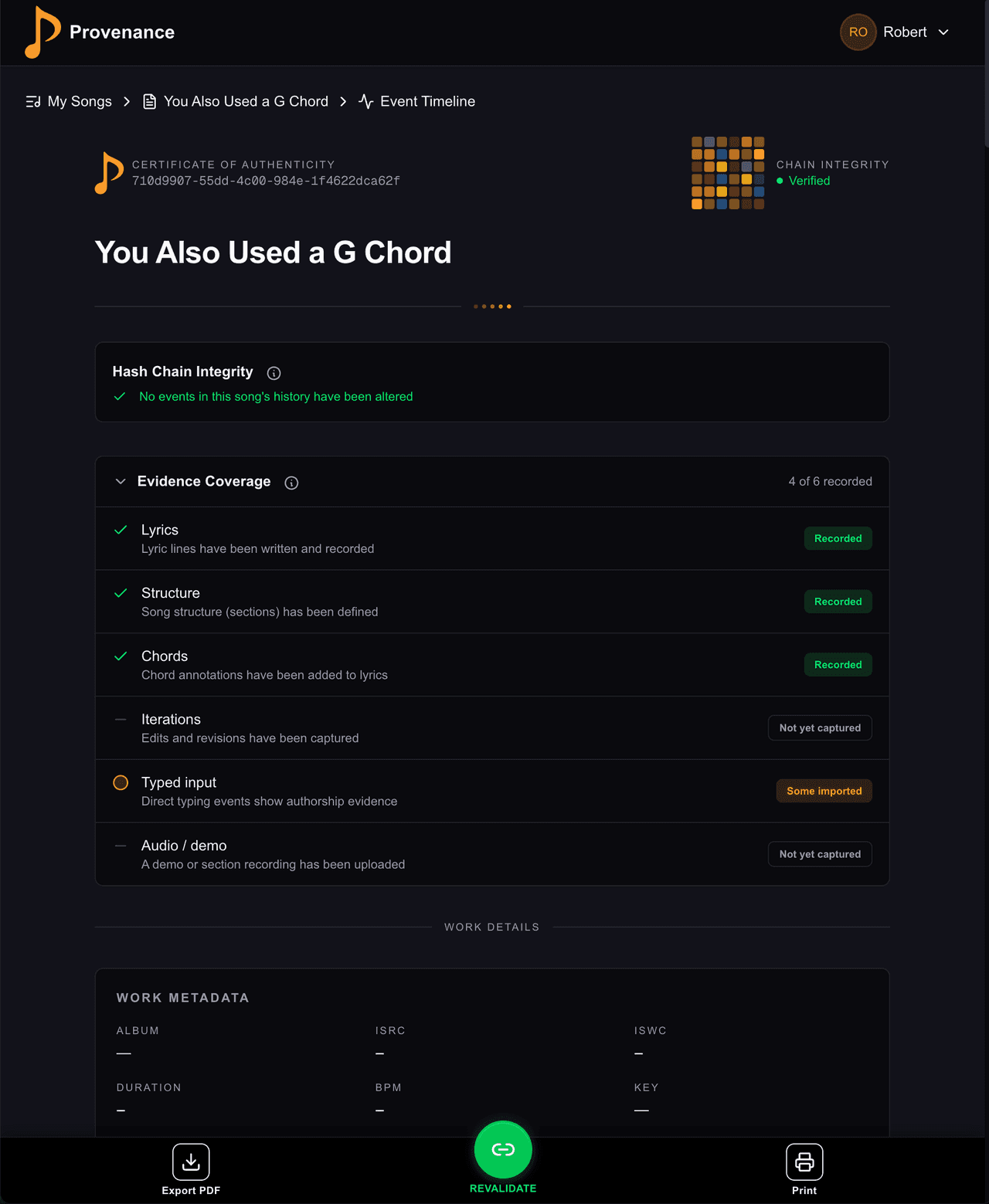 Certificate of Authenticity showing complete hash chain integrity verification and evidence coverage tracking