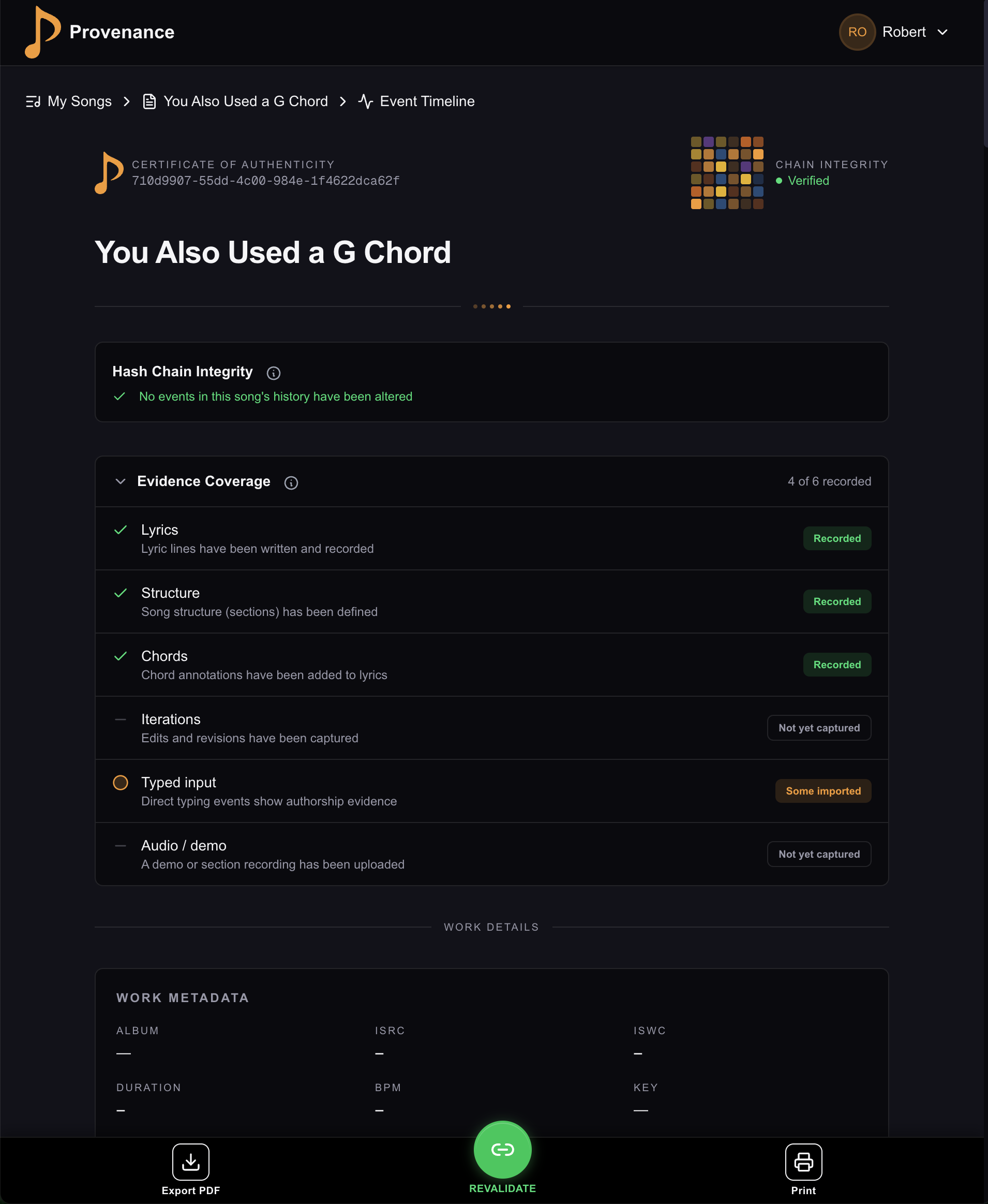 Certificate of Authenticity showing complete hash chain integrity verification and evidence coverage tracking